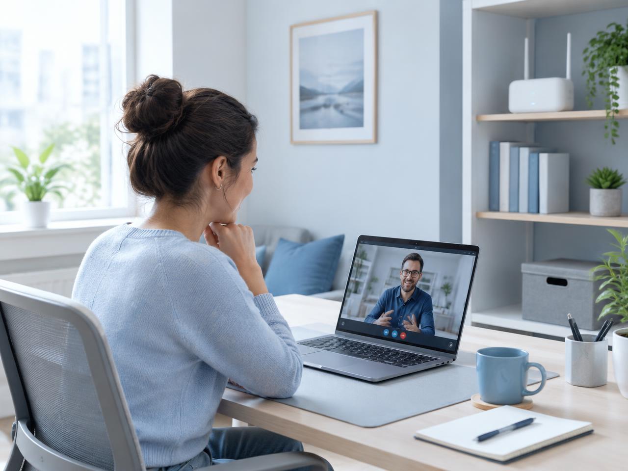 Video call in a bright home office with a 5G router on the shelf